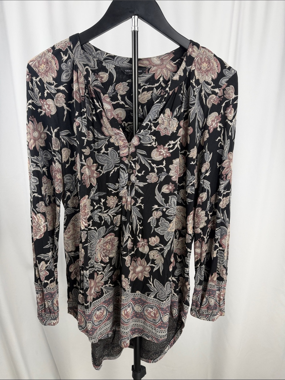 Lucky Brand Black Paisley Floral V-Neck Tunic with Pink and Cream Accents